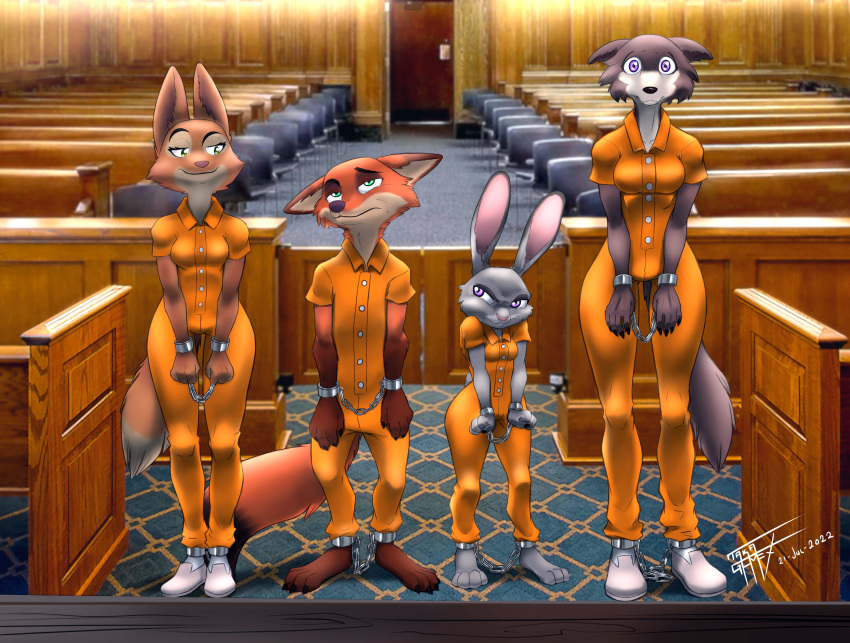 2022 4_toes anthro barefoot beastars biped bound breasts brown_body brown_fur canid canine canis chained chains clothed clothing courtroom cuff_(restraint) dated diane_foxington digital_media_(artwork) disney dreamworks european_rabbit feet female female_anthro fox fully_clothed fur grey_body group hi_res judy_hopps juno_(beastars) lagomorph leporid male male_anthro mammal metal_cuffs nick_wilde orange_body orange_fur oryctolagus photo_background photography_(artwork) plantigrade prison_uniform prisoner purple_eyes rabbit red_fox restraints shackles smile standing tail taka_studio the_bad_guys tight_clothing toes true_fox wolf zootopia