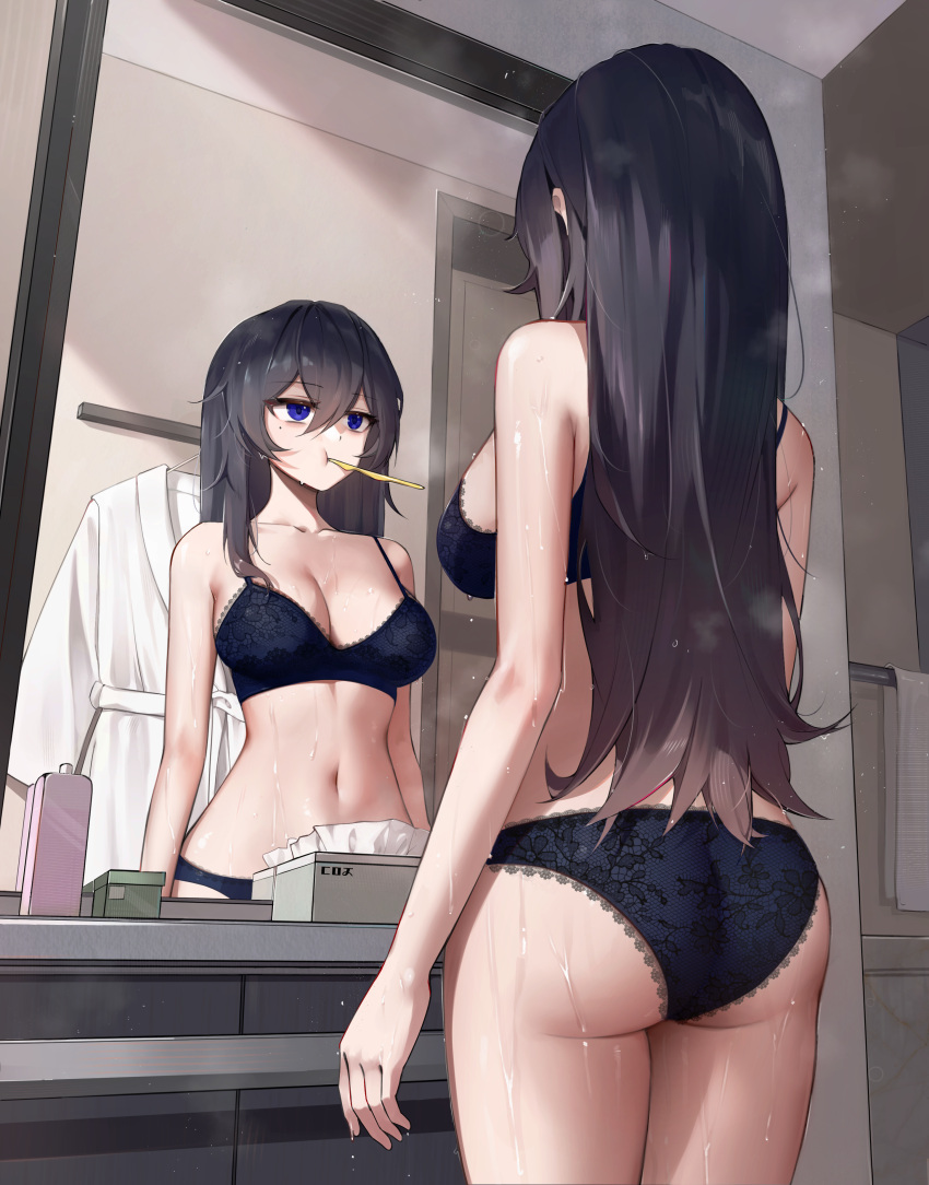 absurdres artist_request ass bathrobe bathroom black_bra black_panties blue_eyes bra breasts commentary_request female hair_between_eyes highres indoors korean_commentary large_breasts mirror navel original panties second-party_source solo standing thighs tissue_box toothbrush_in_mouth underwear underwear_only