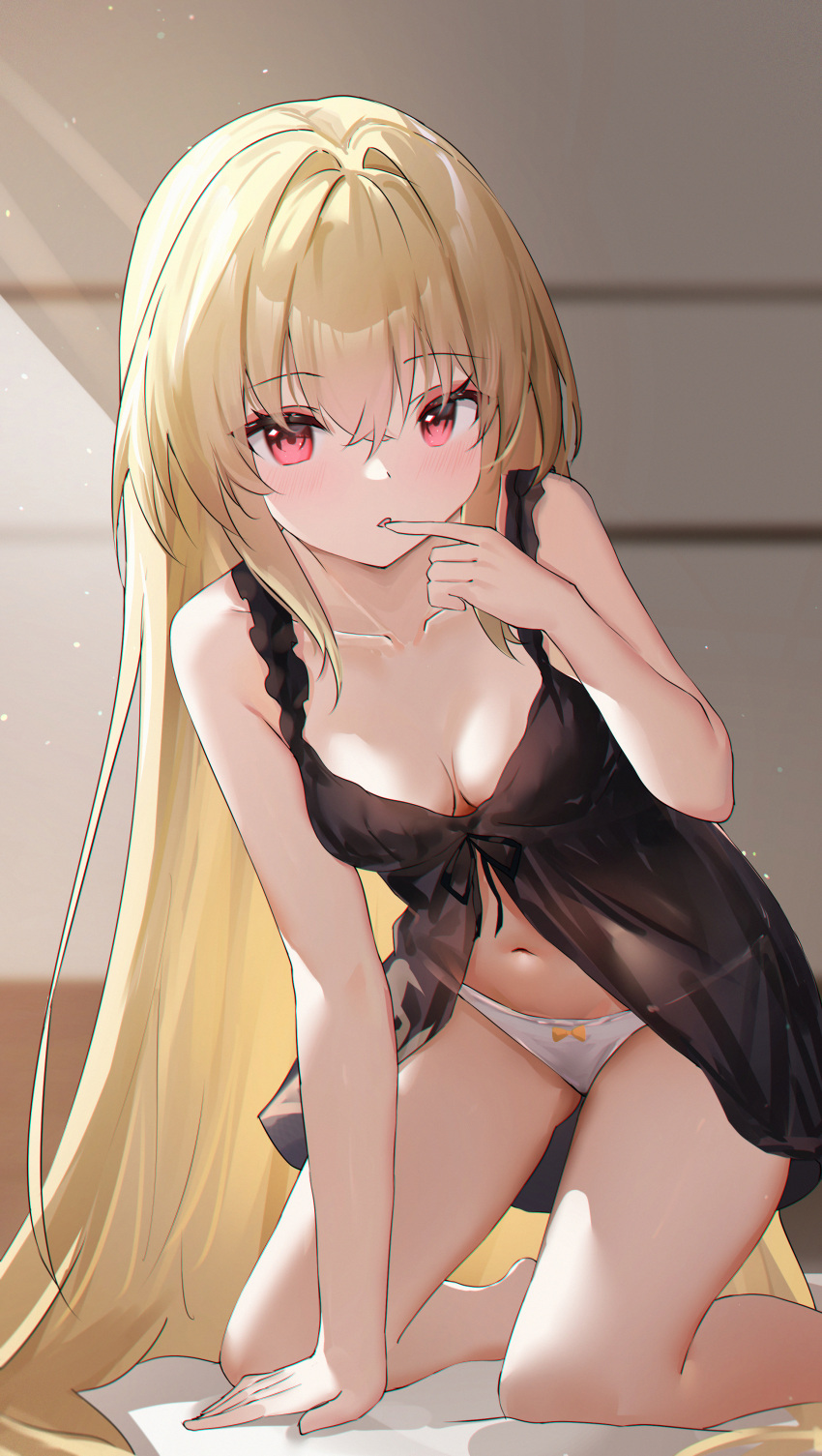 absurdres babydoll bare_shoulders black_babydoll blonde_hair blush breasts cleavage female finger_to_mouth highres indoors kneeling konjiki_no_yami long_hair looking_at_viewer medium_breasts navel panties red_eyes see-through_clothes sleeveless solo to_love-ru to_love-ru_darkness underwear underwear_only usagi_(786113654) white_panties