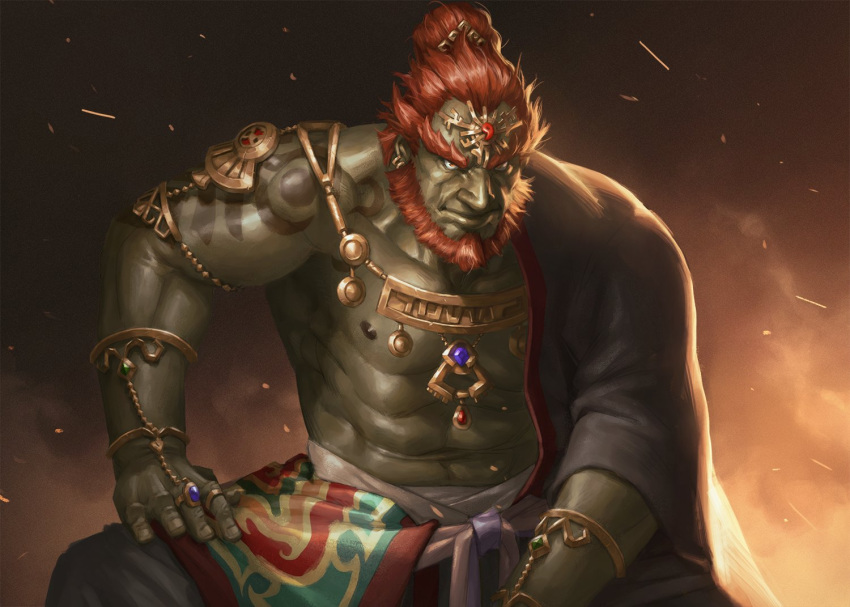 1boy abs arm_out_of_sleeve bara bare_pectorals beard collarbone colored_skin commentary earrings english_commentary facial_hair forked_eyebrows ganondorf green_skin hadanugi_dousa huge_eyebrows jewelry looking_at_viewer male_focus muscular muscular_male navel nick300 nipples pectorals plump red_hair solo the_legend_of_zelda the_legend_of_zelda:_tears_of_the_kingdom