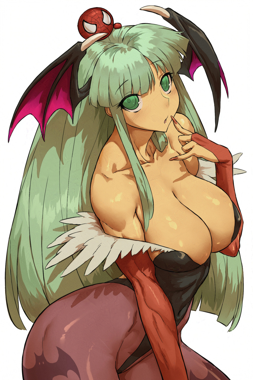 1boy 1boy1girl 1girls bare_shoulders bat bat_print bat_wings batwings big_breasts black_leotard capcom chibi darkstalkers female green_eyes green_hair haraya leggings light-skinned_female marvel marvel_comics marvel_vs._capcom morrigan_aensland sleeves spider-man spider-man_(series) vampire_(game) vampire_savior wings wings_on_head