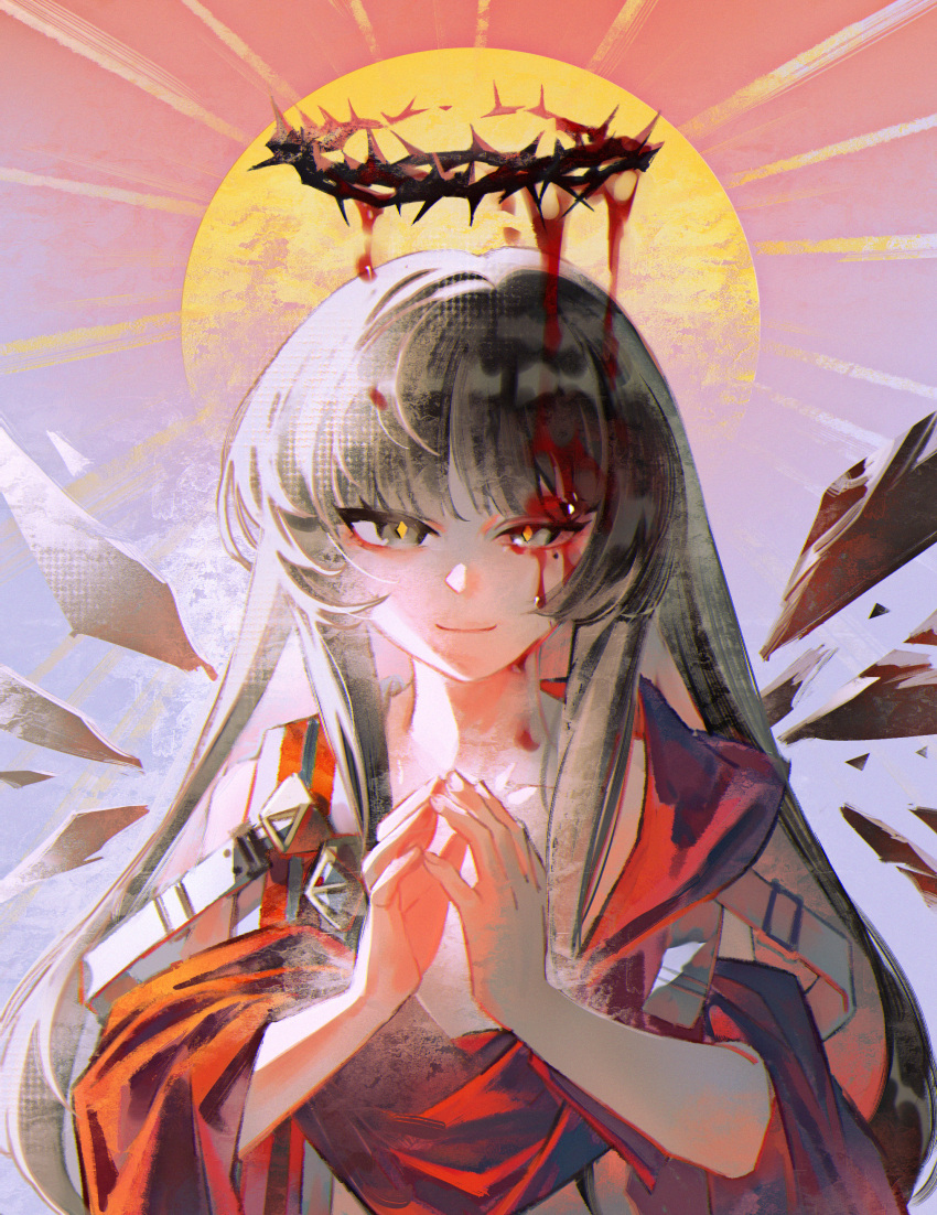 absurdres arknights black_eyes black_hair black_halo blood blood_drip blood_in_hair blood_on_face chinese_commentary closed_mouth commentary_request crown_of_thorns detached_wings diamond-shaped_pupils diamond_(shape) female halo hands_up highres long_hair looking_at_viewer mole mole_under_eye own_hands_together red_shawl shawl sidelocks simk_(sumiqiao77) smile solo steepled_fingers sun sunburst symbol-shaped_pupils upper_body virtuosa_(arknights) wings yellow_pupils