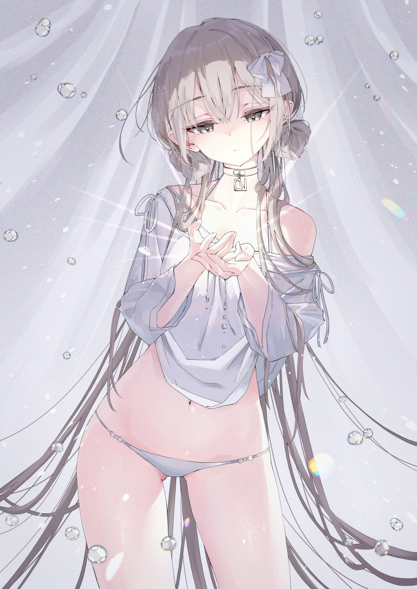 absurdres choker cupping_hands double_bun female grey_eyes grey_hair hair_between_eyes hair_bun hair_ornament hair_ribbon hands_up highres inubouzaki_(i_nu1515) long_hair long_sleeves low_twintails lowleg lowleg_panties navel no_pants off_shoulder original own_hands_together panties ribbon shirt solo standing twintails underwear very_long_hair white_choker white_panties white_shirt