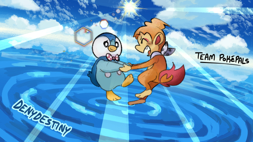 absract_background bow_tie chimchar denydestiny duo feral generation_4_pokemon hand_holding happy hi_res lens_flare male nintendo piplup pokemon pokemon_(species) pokemon_mystery_dungeon scarf spike_chunsoft