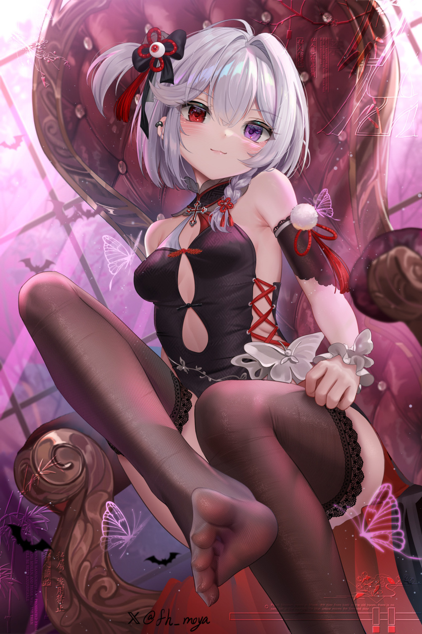 bare_shoulders black_thighhighs braid breasts bug butterfly feet female fh_moya foot_out_of_frame hair_between_eyes heterochromia highres no_shoes on_chair provealms purple_eyes red_eyes scrunchie short_hair short_hair_with_long_locks side_ponytail single_braid small_breasts soles solo spread_toes thighhighs toes uo_(provealms) virtual_youtuber white_hair wrist_scrunchie