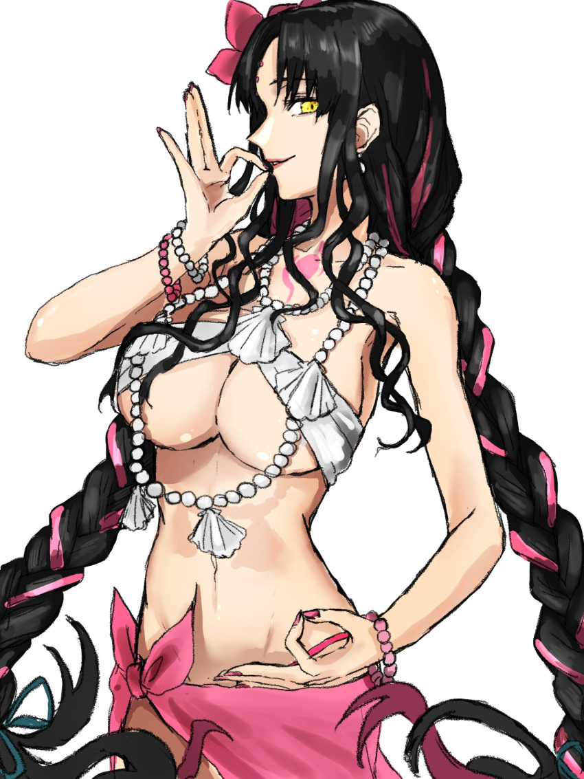 bikini black_hair blue_ribbon bracelet braid breasts chest_tattoo commentary cowboy_shot earrings facial_mark fate/grand_order fate_(series) female flower forehead_mark grin hair_flower hair_ornament hair_ribbon highres jewelry kurokawa_(buraeku) large_breasts long_hair looking_at_viewer mudra multicolored_hair nail_polish navel necklace pearl_bracelet pearl_earrings pearl_necklace pink_flower pink_hair pink_nails pink_sarong profile ribbon sarong sessyoin_kiara sessyoin_kiara_(swimsuit_mooncancer) sessyoin_kiara_(swimsuit_mooncancer)_(first_ascension) shell shell_necklace sidelocks simple_background smile solo streaked_hair swimsuit tattoo twin_braids very_long_hair vitarka_mudra white_background white_bikini yellow_eyes