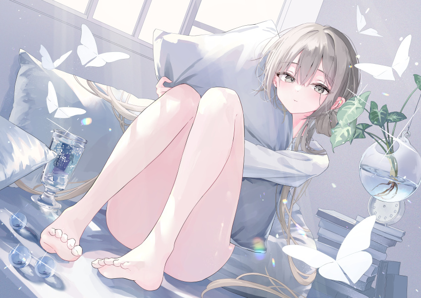 absurdres bare_legs barefoot blush double_bun female grey_eyes grey_hair hair_between_eyes hair_bun highres holding holding_pillow hugging_object inubouzaki_(i_nu1515) knees_together_feet_apart knees_up legs long_hair long_sleeves low_twintails no_pants original pillow pillow_hug shirt sitting solo toenails toes twintails very_long_hair white_shirt