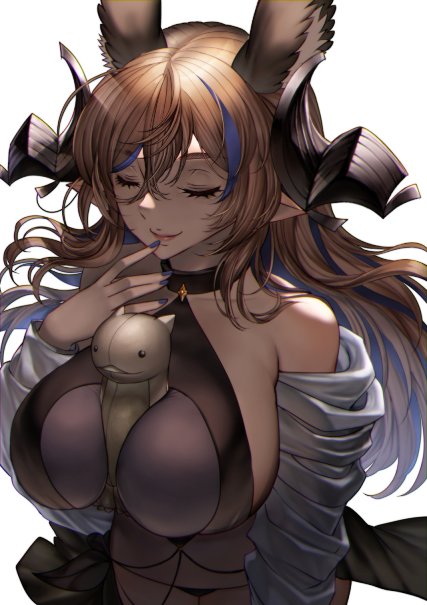 animal_ears bare_shoulders between_breasts bikini black_bikini blue_hair blue_nails breasts brown_hair brown_horns cleavage closed_eyes extra_ears female galleon_(granblue_fantasy) galleon_(summer)_(granblue_fantasy) granblue_fantasy hair_between_eyes highres horns large_breasts long_hair long_hair_between_eyes multicolored_hair nail_polish official_alternate_costume pointy_ears see-through_cleavage see-through_clothes shimashima_(simasima_23) solo streaked_hair stuffed_animal stuffed_toy swimsuit