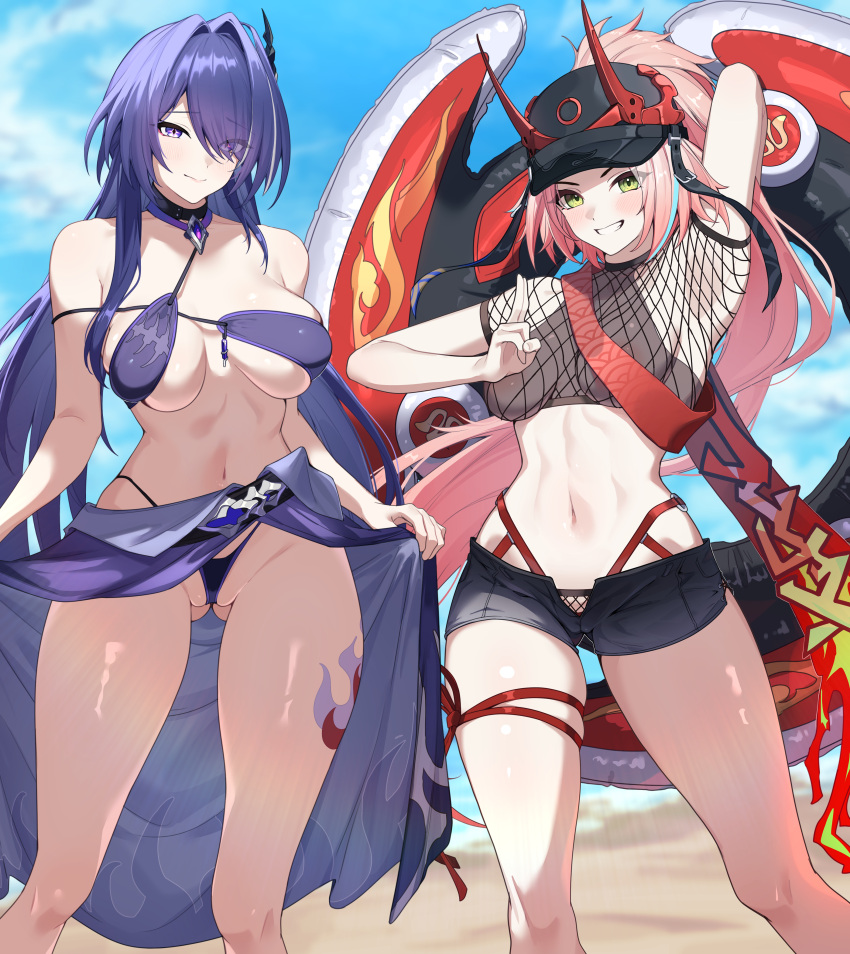 2girls absurdres acheron_(honkai:_star_rail) arm_up armpits ass_visible_through_thighs bare_shoulders baseball_cap beach bikini black_bikini black_hat black_shorts blue_sky breasts choker cleavage cropped_shirt fishnet_top fishnets green_eyes grey_sports_bra grin hair_ornament hair_over_one_eye hat highleg highleg_bikini highres honkai:_star_rail honkai_(series) horned_hat innertube large_breasts leg_tattoo long_hair looking_at_viewer multicolored_hair multiple_girls navel pink_hair purple_eyes purple_hair rappa_(honkai:_star_rail) sarong sash shirotategosha shore short_shorts short_sleeves shorts sky smile sports_bra streaked_hair swim_ring swimsuit tattoo thighs