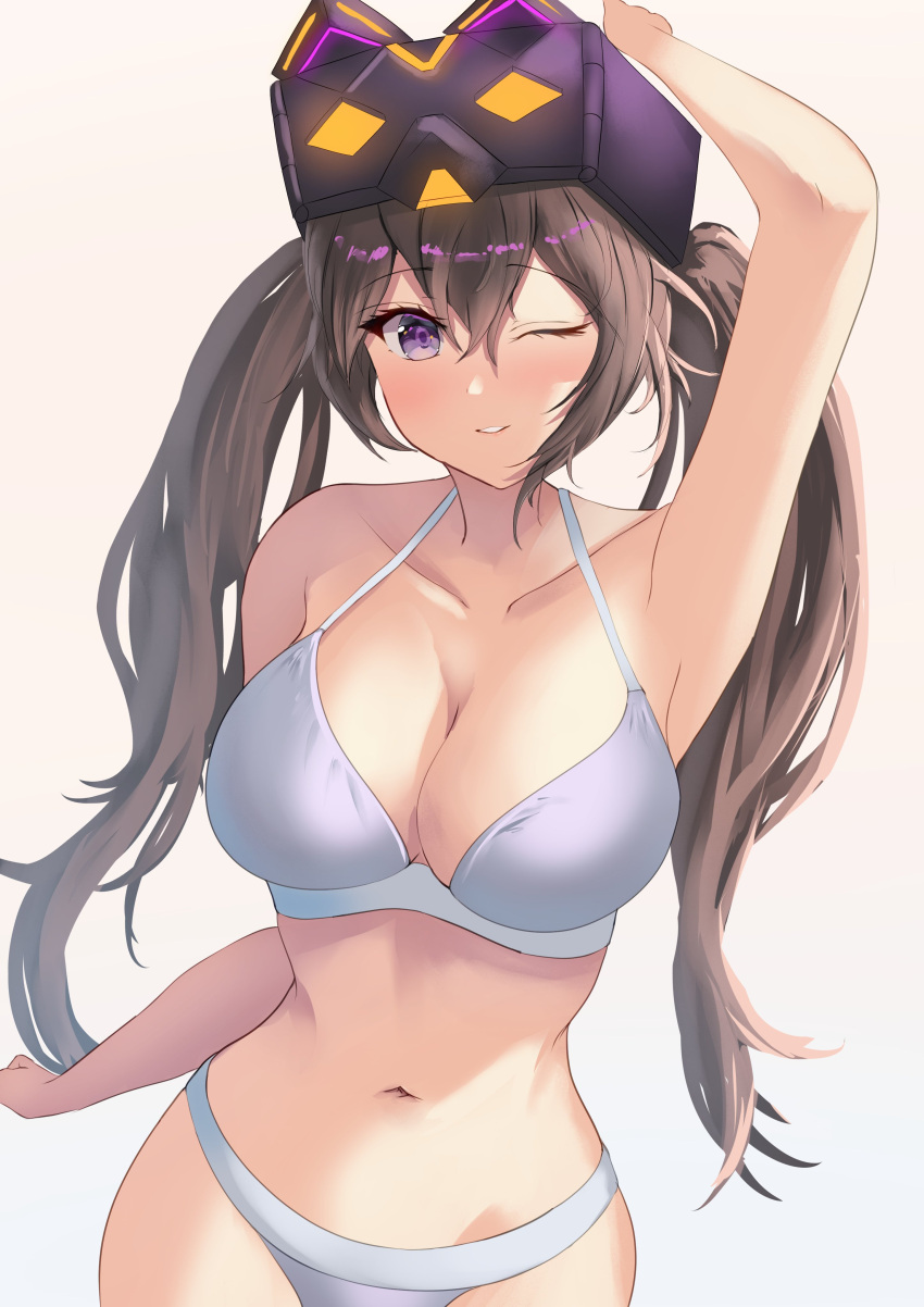 absurdres arerex bra breasts brown_hair collarbone cowboy_shot duel_monster female highres i:p_masquerena large_breasts long_hair panties purple_eyes simple_background solo twintails underwear white_background white_bra white_panties yu-gi-oh!