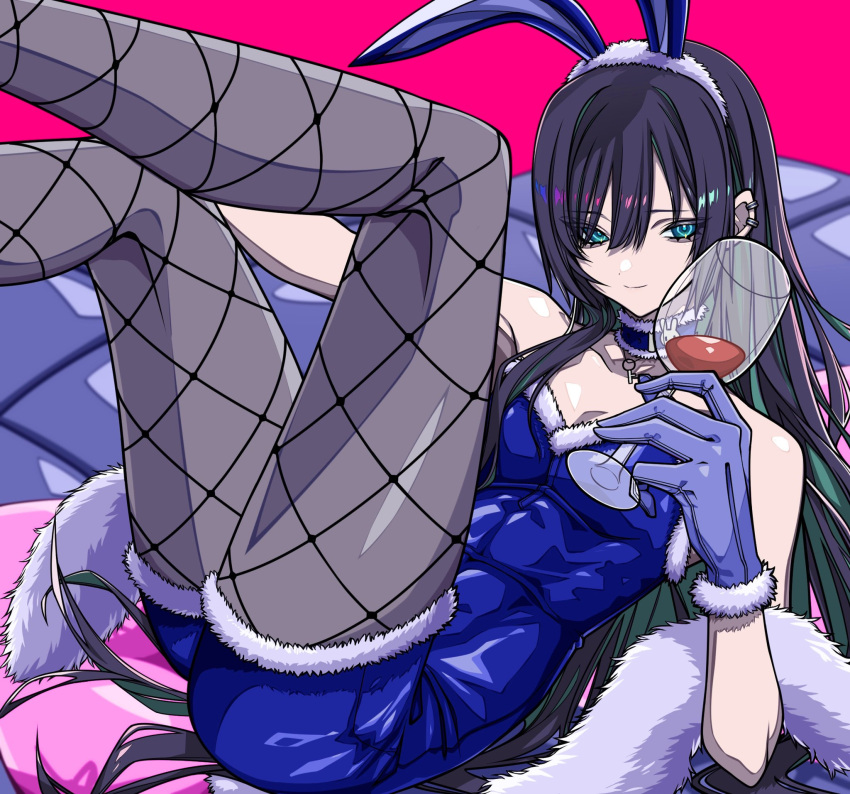 ado_(utaite) animal_ears black_hair black_pantyhose blue_choker blue_eyes breasts chando_(ado) choker closed_mouth colored_inner_hair commentary cup drinking_glass ear_piercing egoist_tosummer fake_animal_ears female fur-trimmed_choker fur_trim gloves green_hair hair_between_eyes highres holding holding_cup long_hair looking_at_viewer medium_breasts mole mole_under_eye multicolored_hair pantyhose piercing rabbit_ears solo utaite white_gloves wine_glass