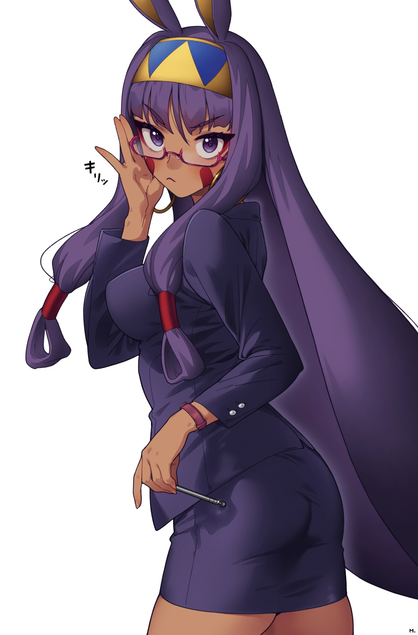 absurdres animal_ears ass blue_jacket blue_skirt blush breasts dark-skinned_female dark_skin earrings facepaint facial_mark fate/grand_order fate_(series) female glasses hairband highres hoop_earrings jackal_ears jacket jewelry long_hair long_sleeves looking_at_viewer medium_breasts mitsurugi_sugar nitocris_(fate) pencil_skirt pointer purple_eyes purple_hair sidelocks skirt solo very_long_hair