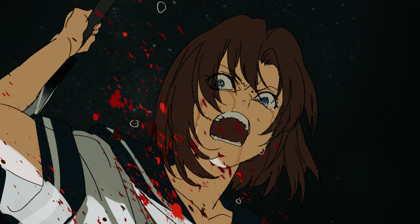 angry arm_up black_sailor_collar blood blood_splatter blue_eyes brown_hair crying crying_with_eyes_open drooling female highres higurashi_no_naku_koro_ni holding holding_knife kakeami knife open_mouth parted_bangs ryuuguu_rena sailor_collar shirt short_sleeves solo tears teeth v-shaped_eyebrows white_shirt