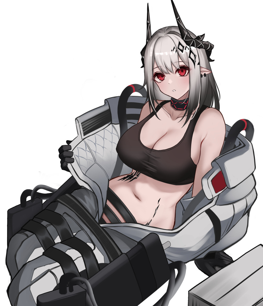 absurdres arknights arm_support bare_shoulders black_gloves black_horns breasts cleavage collarbone cowboy_shot crop_top ear_piercing female gloves grey_hair highres horns infection_monitor_(arknights) invisible_chair large_breasts looking_at_viewer material_growth medium_hair midriff mudrock_(arknights) mudrock_(elite_ii)_(arknights) myb52 navel off_shoulder oripathy_lesion_(arknights) parted_lips piercing pointy_ears red_eyes simple_background sitting sleeveless solo split_mouth strap white_background