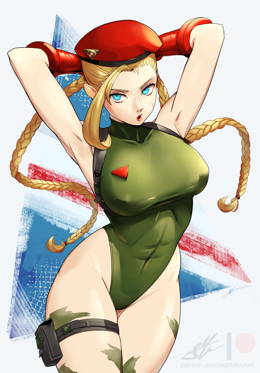 abs blonde_hair blue_eyes bodypaint braid breasts cammy_white covered_navel eightyfourart english_commentary female gloves green_leotard highleg highleg_leotard highres large_breasts leotard long_hair multicolored_background red_gloves scar scar_on_cheek scar_on_face sleeveless_turtleneck_leotard solo street_fighter street_fighter_6 thigh_strap twin_braids