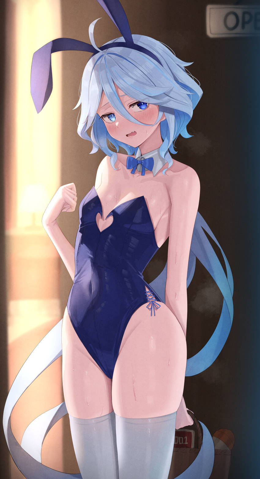 absurdres ahoge alternate_costume animal_ears bare_arms bare_shoulders blue_eyes blue_hairband blue_leotard breasts covered_navel cowboy_shot embarrassed fake_animal_ears female furina_(genshin_impact) genshin_impact hair_between_eyes hairband hand_up heterochromia highleg highleg_leotard highres leotard long_hair looking_at_viewer low_ponytail oerba_yun_fang open_mouth playboy_bunny rabbit_ears reinama side-tie_leotard small_breasts solo standing strapless strapless_leotard sweat thighhighs thighs very_long_hair white_hair white_thighhighs