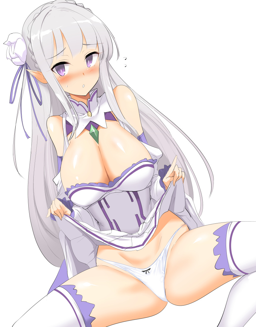 absurdres blush braid breasts cleavage clothes_lift commentary detached_sleeves dress dress_lift elf emilia_(re:zero) flower grey_hair hair_flower hair_ornament highres large_breasts lifting_own_clothes long_hair looking_at_viewer momio panties parted_lips pointy_ears purple_eyes re:zero_kara_hajimeru_isekai_seikatsu sidelocks simple_background spread_legs thighhighs underwear very_long_hair white_background white_dress white_flower white_panties white_thighhighs