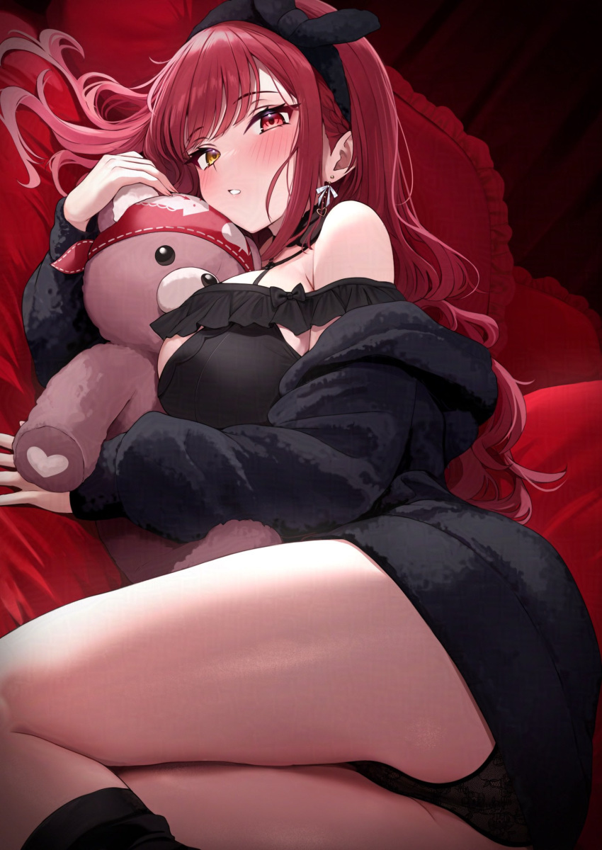 ass bare_shoulders black_dress black_jacket black_nightgown black_panties blush breasts commentary dress earrings female frilled_nightgown fur_jacket heart heart_earrings heterochromia highres holika_baby hololive houshou_marine houshou_marine_(8th_costume) jacket jewelry large_breasts long_hair long_sleeves looking_at_viewer lying nightgown official_alternate_costume official_alternate_hairstyle on_side open_clothes open_jacket panties puffy_long_sleeves puffy_sleeves red_eyes red_hair solo stuffed_animal stuffed_toy symbol-only_commentary teddy_bear thighs underwear virtual_youtuber yellow_eyes