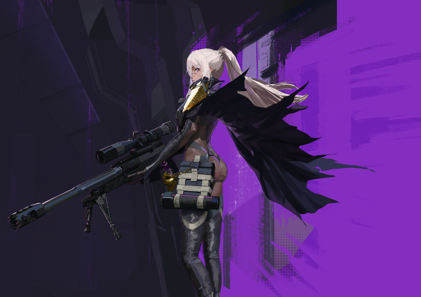 abstract_background absurdres anti-materiel_rifle ass bipod black_background black_cloak bolt_action breasts cloak dark-skinned_female dark_skin female from_side girls'_frontline girls'_frontline_2:_exilium gold_mask grey_hair gun hair_between_eyes high_ponytail highres holding holding_gun holding_weapon long_hair looking_at_viewer lsha nemesis_(girls'_frontline_2) ponytail purple_background purple_eyes rifle scope sidelocks sig_san_511 sniper_rifle solo standing two-tone_background weapon