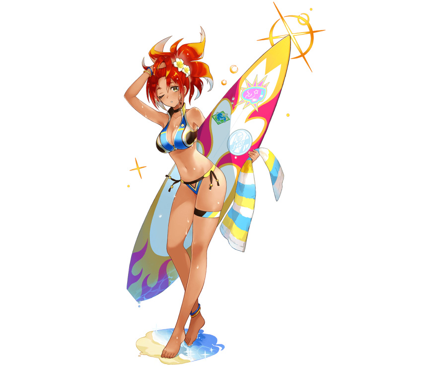 anklet arm_up bangle barefoot bikini blue_bikini bracelet dark-skinned_female dark_skin female full_body gradient_hair hair_between_eyes highres holding holding_surfboard holding_towel jewelry looking_at_viewer multicolored_bikini multicolored_clothes multicolored_hair nakatsun_(gumi) official_alternate_costume official_art one_eye_closed orange_hair phantom_of_the_kill red_hair simple_background solo standing surfboard swimsuit thigh_strap third-party_source towel transparent_background vajra_(phantom_of_the_kill) wet yellow_eyes