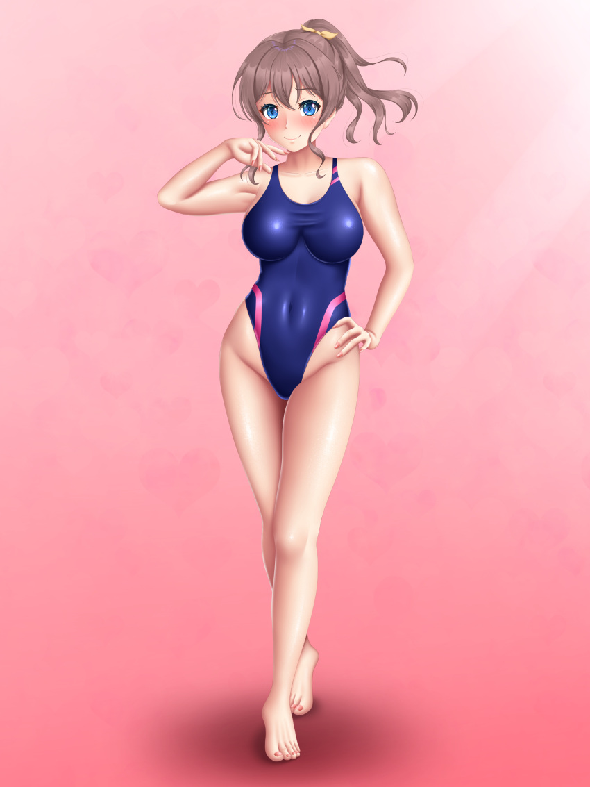 absurdres bang_dream! blue_eyes blue_one-piece_swimsuit blush breasts brown_hair commentary_request competition_swimsuit covered_navel female full_body gradient_background hand_on_own_hip highleg highleg_one-piece_swimsuit highres long_hair medium_breasts nose_blush one-piece_swimsuit pink_background pochama82 ponytail solo standing swimsuit tachi-e two-tone_swimsuit yamabuki_saya