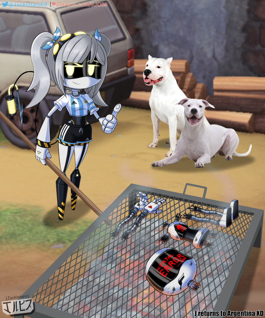 absurd_res accessory canid canine canis clothed clothing digital_media_(artwork) disassembly_drone dogo_argentino domestic_dog female fingers glitch_productions grey_hair grill hair hazard_stripes headgear hi_res humanoid j_(murder_drones) jackintaro looking_at_viewer machine mammal mastiff meme molosser murder_drones not_furry ribbons robot robot_humanoid screen_eyes smile soccer_uniform solo sportswear syringe tail tailed_humanoid topwear twintails twintails_(hairstyle) uniform white_body worker_drone yellow_eyes