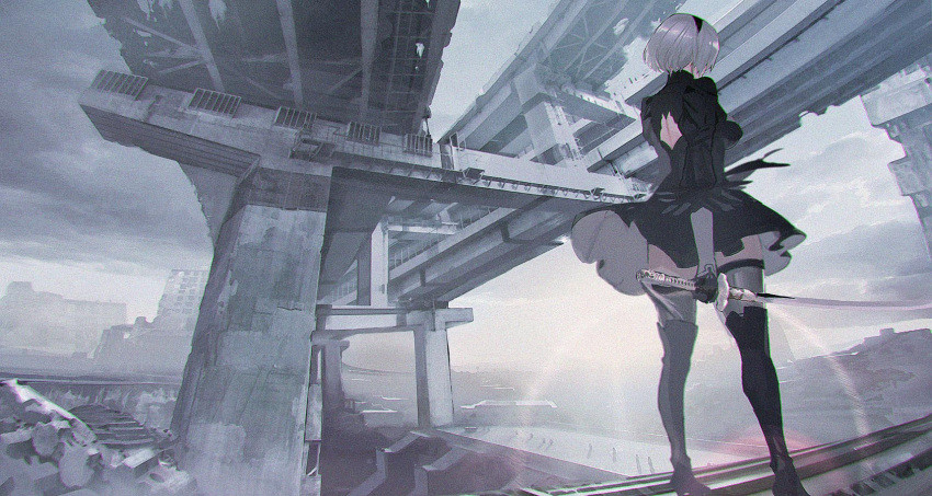 2b_(nier:automata) back_cutout black_blindfold black_dress black_hairband blindfold boots clothing_cutout commentary_request copyright_name covered_eyes dress feather-trimmed_sleeves feather_trim female gloves hairband high_heel_boots high_heels highres highway holding holding_sword holding_weapon juliet_sleeves katana long_sleeves maeshima_shigeki nier:automata nier_(series) outdoors puffy_sleeves revision ruins solo standing sword thigh_boots thighhighs thighhighs_under_boots thighs weapon white_hair