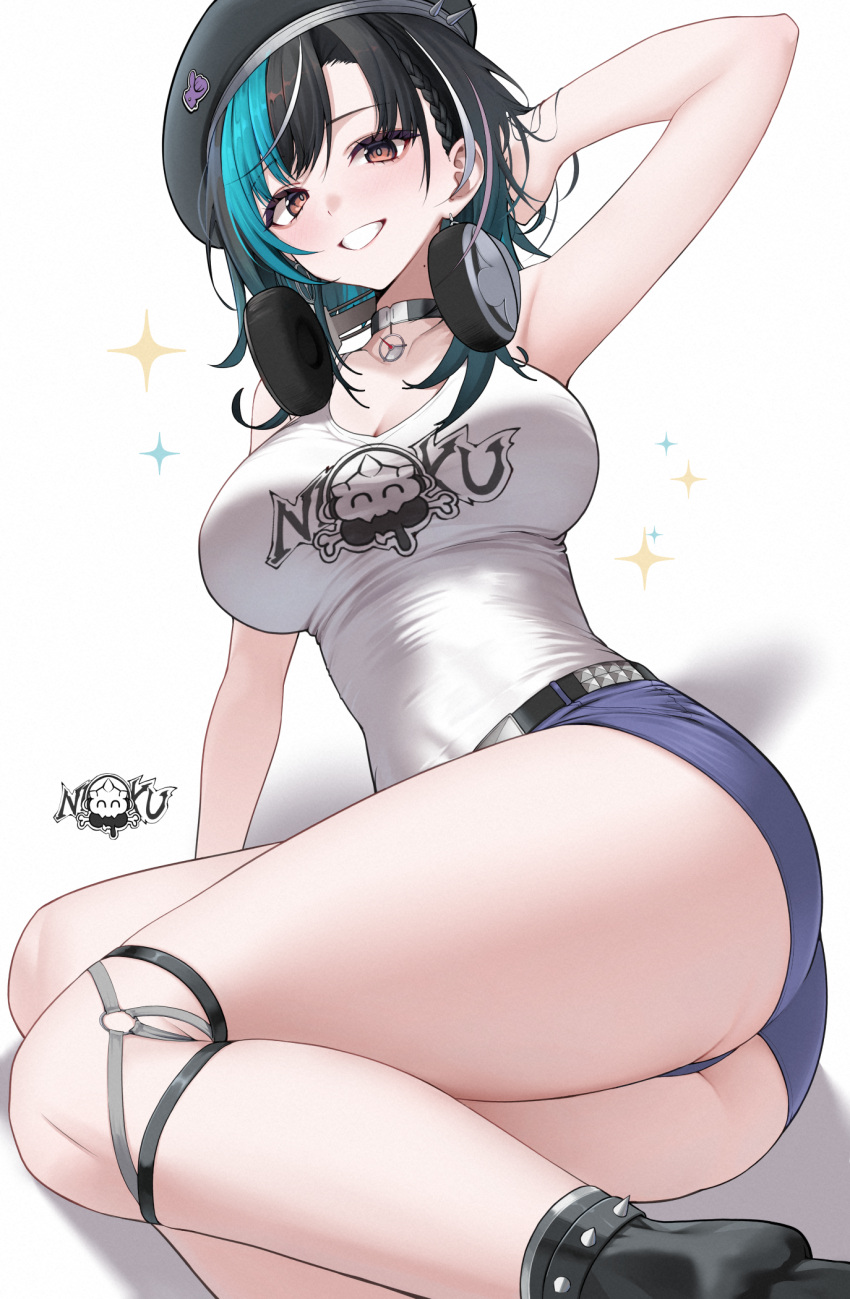 aqua_hair aqua_streaks arm_behind_head arm_up ass black_hair black_hat blue_shorts blush breasts brown_eyes cleavage commentary_request female hat headphones headphones_around_neck highres hololive hololive_dev_is large_breasts looking_at_viewer mintz912 multicolored_hair print_tank_top rindo_chihaya short_hair short_shorts shorts simple_background sitting smile solo sparkling_aura spiked_hat streaked_hair tank_top thick_thighs thighs virtual_youtuber white_background white_tank_top yokozuwari