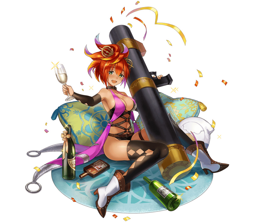 :d alcohol belt boots breasts brown_belt champagne_bottle champagne_flute confetti cup dark-skinned_female dark_skin drinking_glass female full_body green_eyes hair_between_eyes high_heel_boots high_heels highres holding holding_cup looking_at_viewer nakatsun_(gumi) official_alternate_costume official_art open_mouth phantom_of_the_kill red_hair sitting smile solo third-party_source vajra_(phantom_of_the_kill) white_footwear