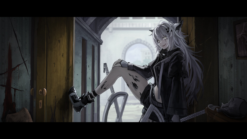 against_wall animal_ears arknights black_footwear black_jacket black_shorts blood blood_on_wall boots commentary door english_commentary eyebrows_hidden_by_hair female foot_against_wall grey_eyes grey_hair hair_between_eyes hair_ornament hairclip highres holding holding_weapon indoors jacket lappland_(arknights) long_hair long_sleeves looking_at_viewer material_growth midriff_peek open_clothes open_jacket scar scar_across_eye scar_on_face sentou_kouhei_kitsune sharp_teeth shoes short_shorts shorts smile solo standing standing_on_one_leg teeth very_long_hair weapon wide_sleeves wolf_ears