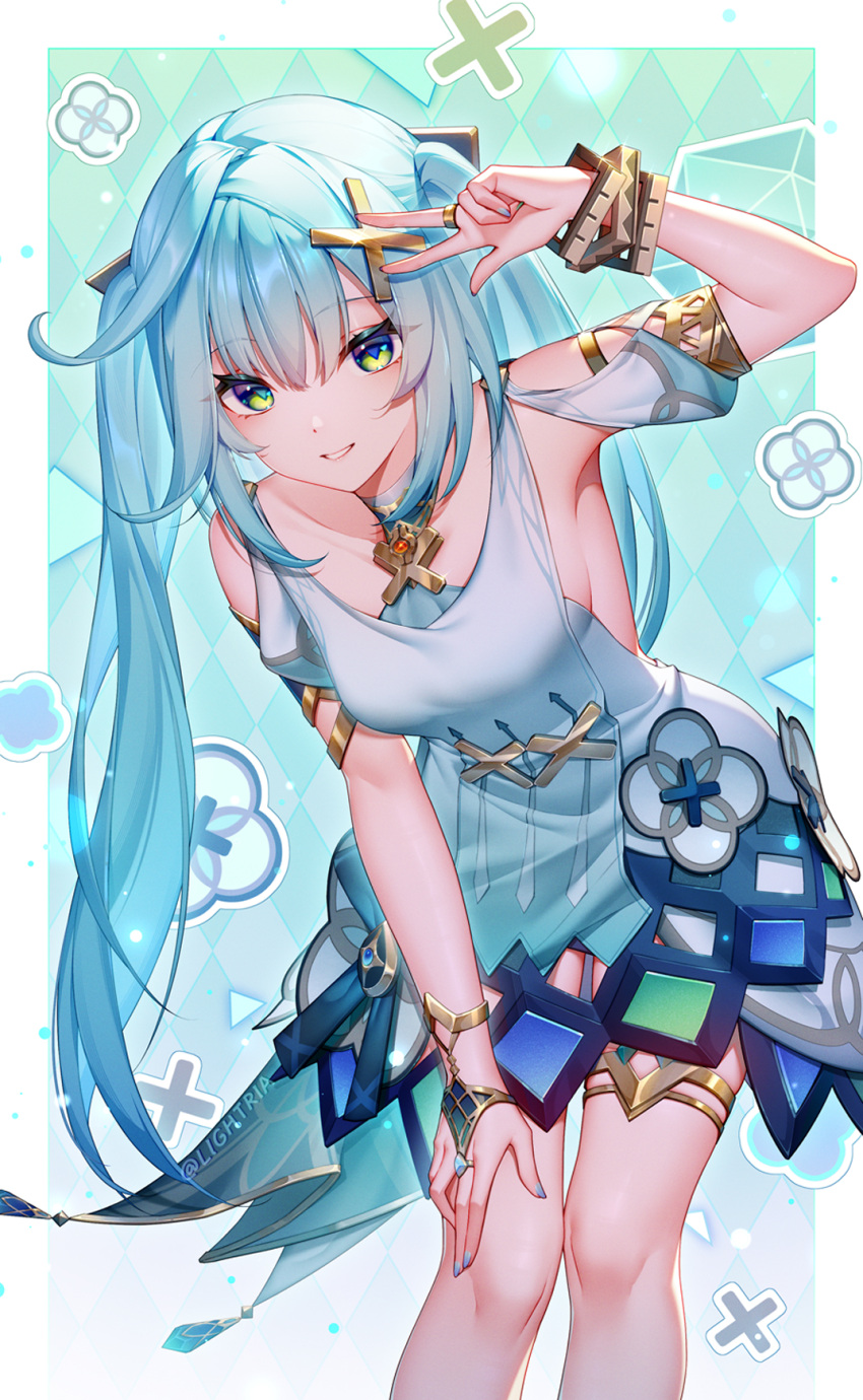 applying_manicure aqua_hair armpit_crease armpit_cutout blue_nails bracelet breasts clothing_cutout dress faruzan_(genshin_impact) feet_out_of_frame female genshin_impact green_eyes grin hair_ornament highres jewelry leaning_forward lightria long_hair looking_at_viewer nail_polish short_sleeves shoulder_cutout sideboob small_breasts smile solo standing thighlet twintails v very_long_hair white_dress x_hair_ornament