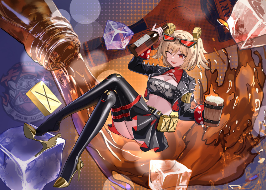 ;d arm_up black_jacket black_skirt black_tube_top blonde_hair bottle breasts burnice_white cleavage commentary cup eyewear_on_head female full_body gold_footwear hair_ornament high_heels highres holding holding_bottle holding_cup ice ice_cube jacket looking_at_viewer one_eye_closed open_mouth red-tinted_eyewear red_eyes skirt smile solo spiked_belt spiked_jacket stiletto_heels strapless sunglasses teeth thighhighs tinted_eyewear tube_top twintails upper_teeth_only wooden_cup xujiu zenless_zone_zero