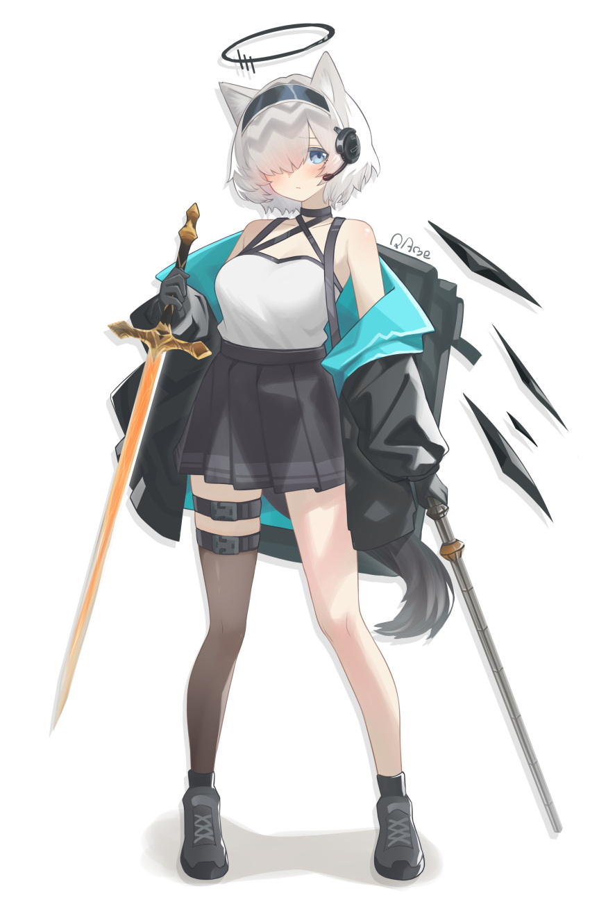 absurdres animal_ears arknights bare_shoulders black_footwear black_gloves black_hairband black_halo black_skirt blue_eyes blush brown_thighhighs chinese_commentary closed_mouth commentary_request female full_body gloves grey_hair hair_over_one_eye hairband halo headset highres holding holding_sword holding_weapon jiuyu_qame long_sleeves looking_at_viewer one_eye_covered pleated_skirt reserve_operator_guard_(arknights) shirt shoes short_hair simple_background single_thighhigh skirt solo standing sword thighhighs weapon white_background white_shirt