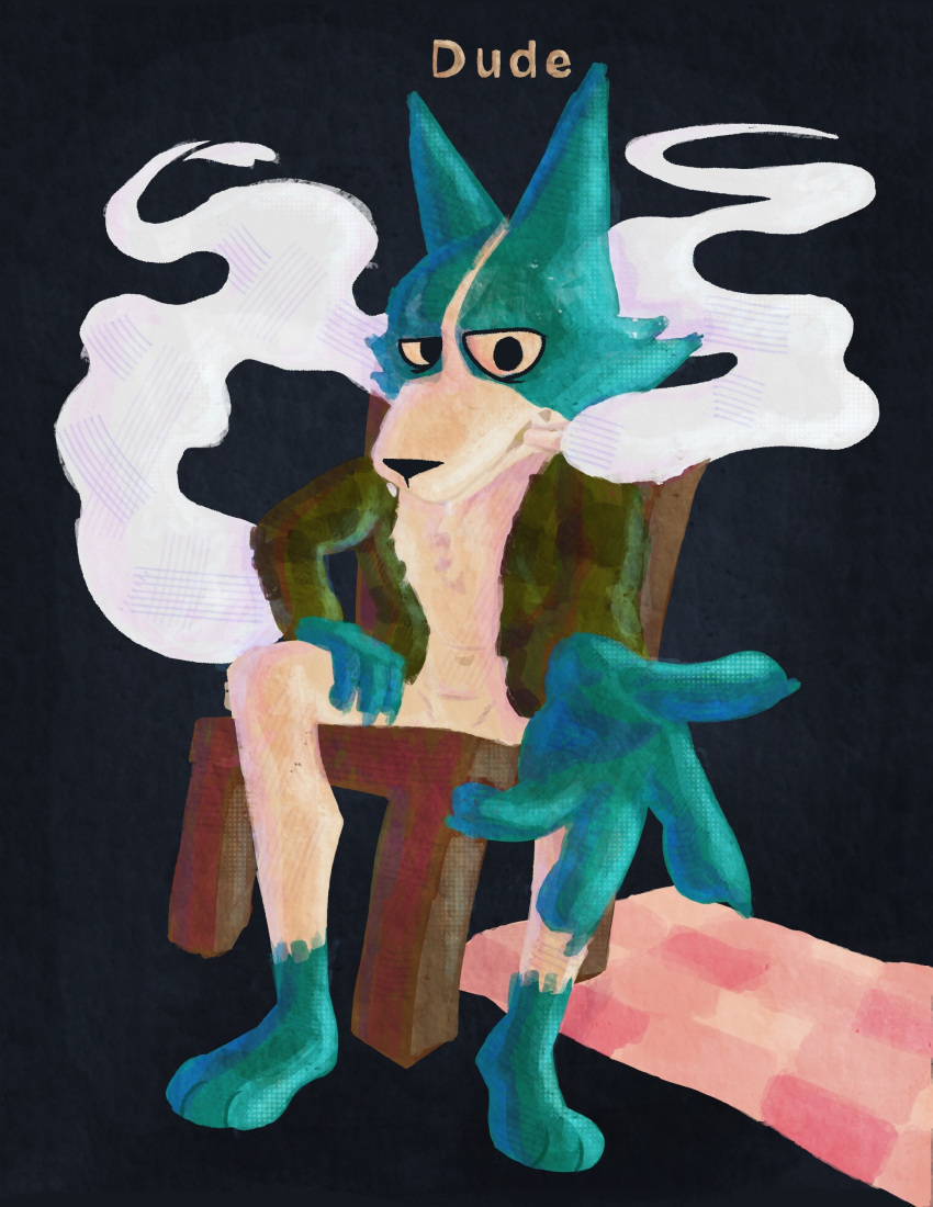 absurd_res action_pose anthro bedding black_background blanket canid canine canis chair cigar furniture hi_res looking_at_viewer male mammal nameless_character pose reaching_towards_viewer simple_background smoke smoking solo tired vasgore webfishing wolf