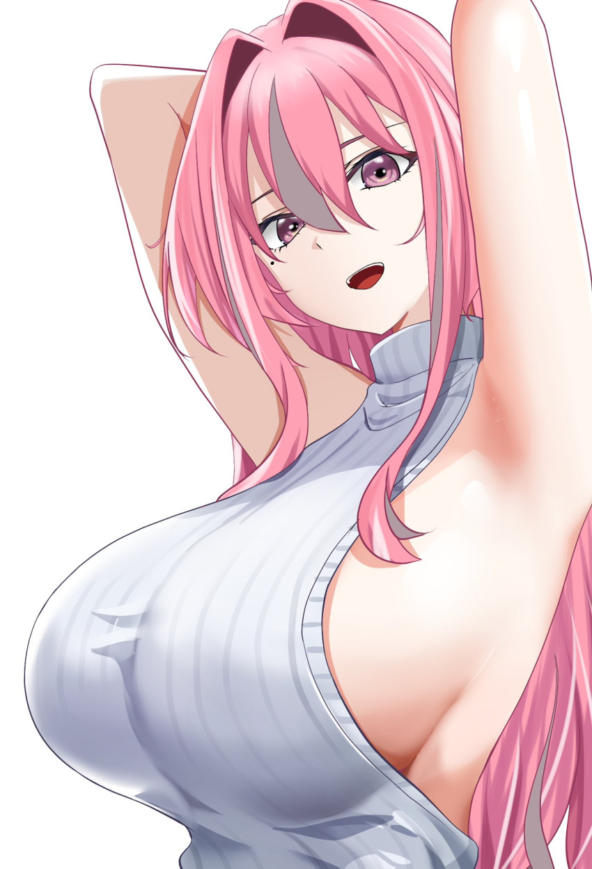 alternate_costume armpits arms_behind_head arms_up azur_lane breasts bremerton_(azur_lane) commentary_request female from_below grey_hair hair_intakes highres large_breasts long_hair looking_at_viewer mole mole_under_eye multicolored_hair open_mouth pink_eyes pink_hair ribbed_shirt shirt sideboob sidelocks sleeveless sleeveless_shirt solo streaked_hair turtleneck turtleneck_shirt white_background yuuki_atori