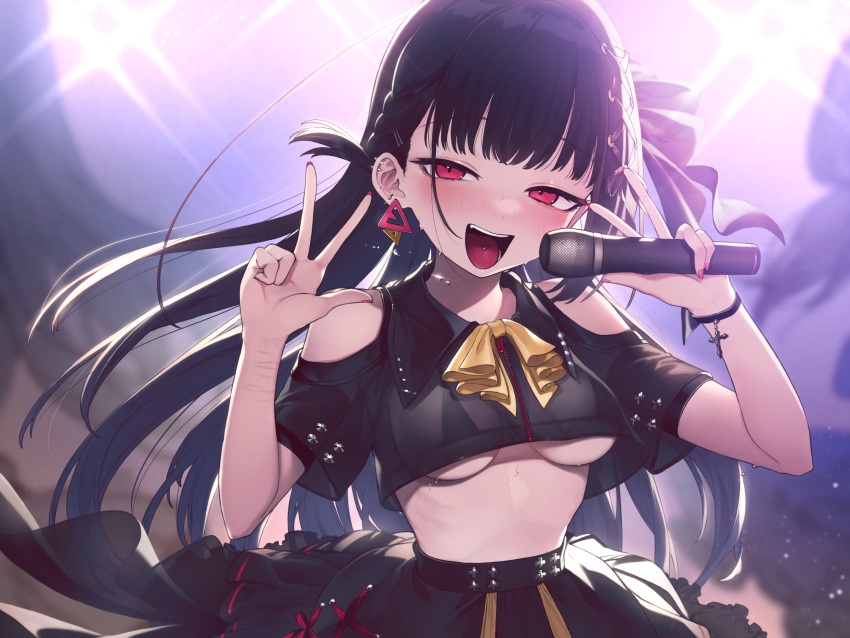 backlighting bare_shoulders black_hair blush bracelet braid breasts clothing_cutout concert crop_top cross double_v ear_piercing earrings female highres holding holding_microphone idol jewelry long_hair medium_breasts microphone non-web_source open_mouth original piercing red_eyes self-harm_scar shoulder_cutout signalviolet skirt solo stage_lights sweat tongue tongue_piercing underboob upper_body v