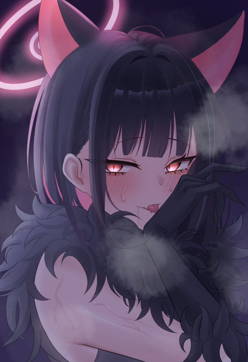 absurdres animal_ears black_gloves black_hair blue_archive blush cat_ears cat_girl colored_inner_animal_ears colored_inner_hair commentary_request dark_background drooling female fur-trimmed_gloves fur_scarf fur_trim gloves glowing glowing_eyes halloween_costume halo highres kazusa_(blue_archive) kazusa_(halloween)_(blue_archive) looking_at_viewer mokomoko_system multicolored_hair official_alternate_costume pink_hair pink_halo red_eyes short_hair simple_background slit_pupils solo steam sweat tongue tongue_out upper_body werewolf_costume