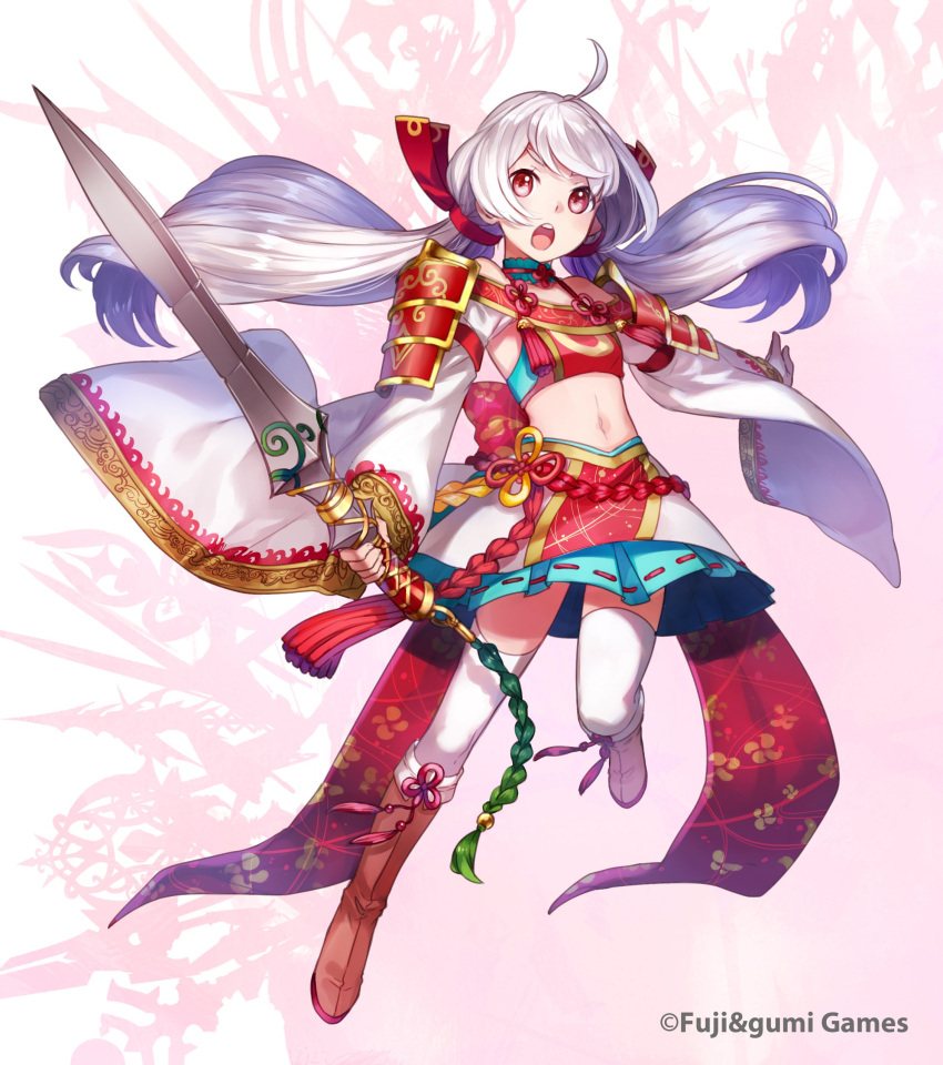 absurdres ahoge aqua_skirt armor asahikawa_hiyori boots commentary_request copyright_notice female full_body furisode grey_hair highres holding holding_sword holding_weapon japanese_clothes kimono kusanagi_no_tsurugi_(phantom_of_the_kill) long_hair midriff official_art open_mouth phantom_of_the_kill pink_background pleated_skirt red_eyes red_footwear second-party_source shoulder_armor skirt solo standing standing_on_one_leg sword teeth thighhighs two-tone_background upper_teeth_only weapon weapon_background white_skirt white_thighhighs