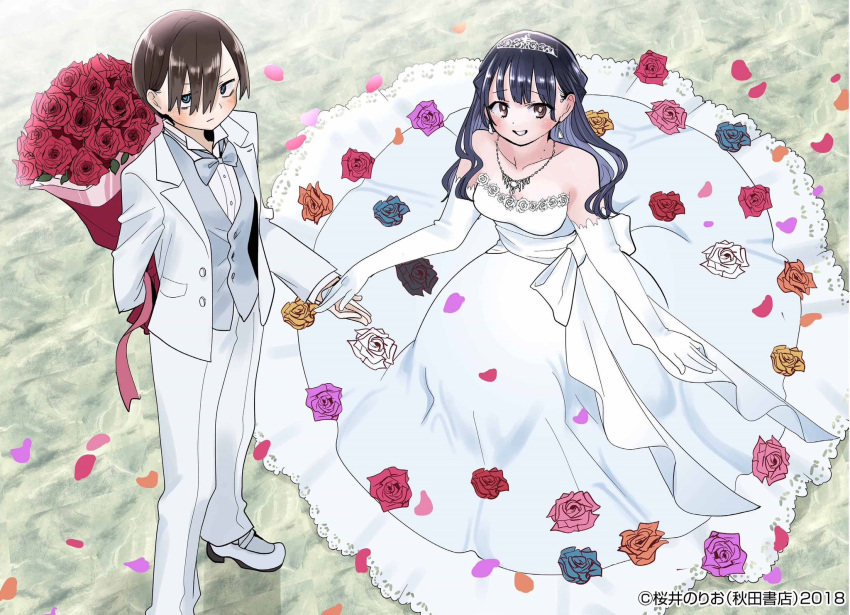 1boy artist_name bare_shoulders black_hair blue_eyes blue_hair boku_no_kokoro_no_yabai_yatsu bouquet bow bowtie breasts brown_eyes collarbone commentary_request copyright_notice dark_blue_hair diadem dress elbow_gloves female flower from_above gloves highres holding holding_bouquet holding_hands ichikawa_kyoutarou jewelry long_hair looking_at_viewer medium_breasts mole mole_on_neck multiple_moles necklace official_art pants red_flower red_rose rose sakurai_norio shirt short_hair smile standing strapless strapless_dress suit tuxedo vest wedding_dress white_bow white_bowtie white_dress white_gloves white_pants white_shirt white_suit white_vest yamada_anna