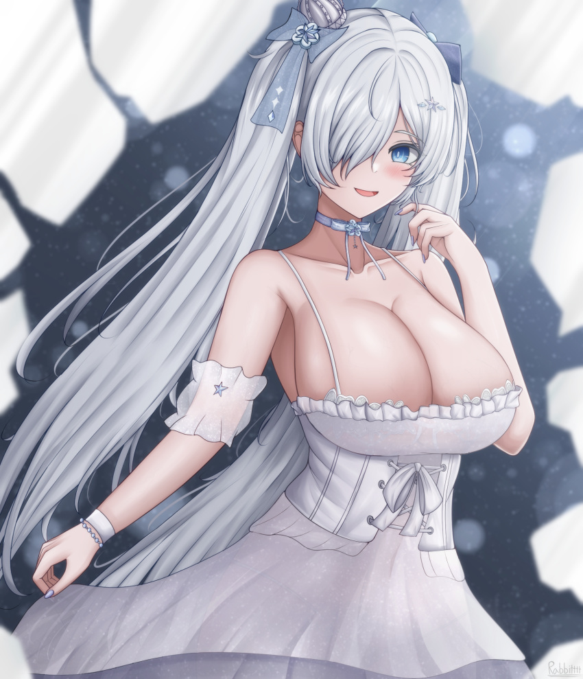 armband bare_shoulders blue_eyes blush breasts cinderella_(glass_princess)_(nikke) cinderella_(nikke) cleavage collarbone crown dress female frilled_armband frills goddess_of_victory:_nikke hair_over_one_eye highres large_breasts long_hair looking_at_viewer mini_crown official_alternate_costume rabbitttt see-through_clothes see-through_dress shiny_eyes smile solo twintails veins veiny_breasts very_long_hair white_dress white_hair