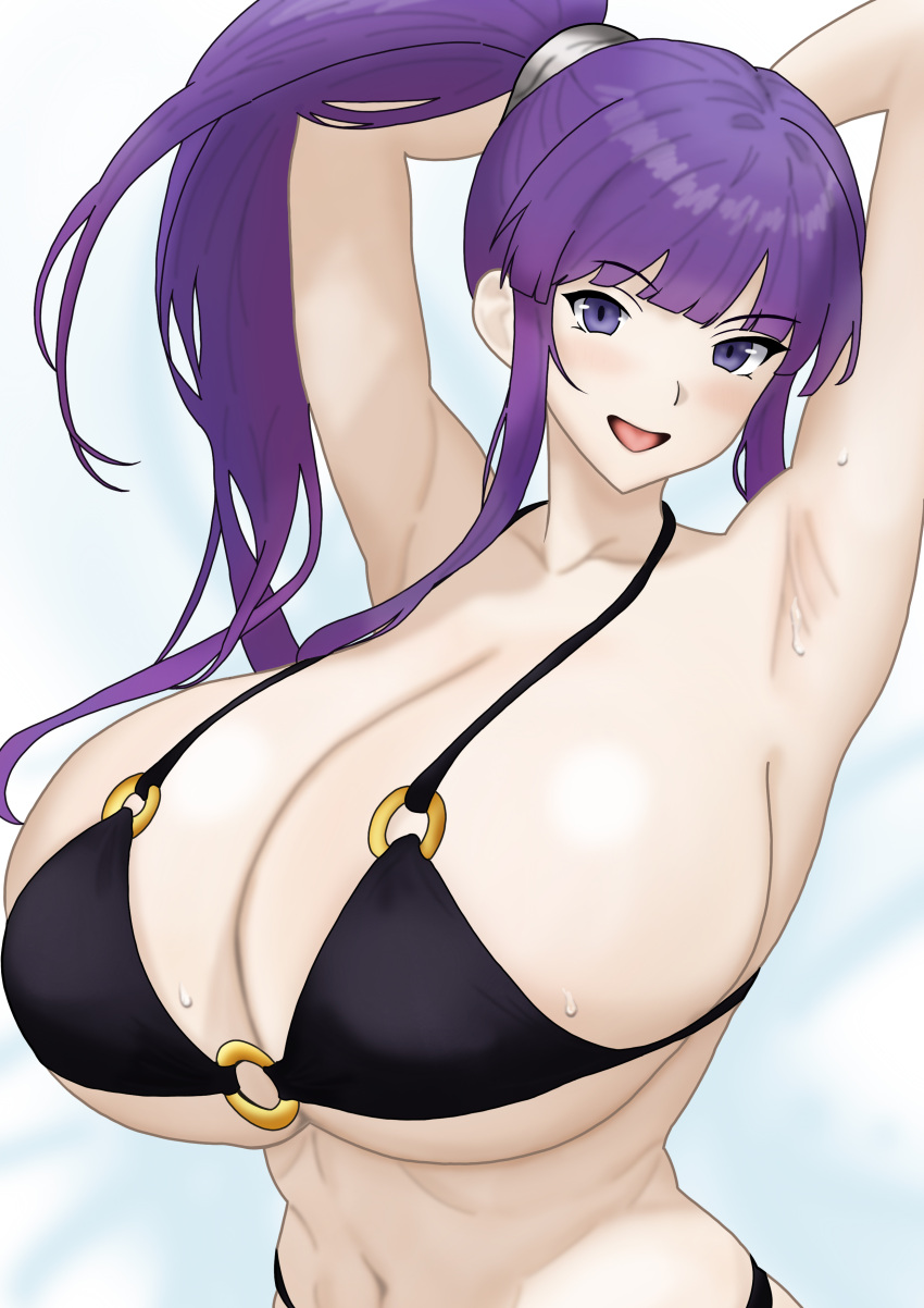 absurdres armpits arms_up bikini black_bikini breasts cleavage commission eiken female highres huge_breasts large_breasts long_hair misono_kirika o-ring o-ring_bikini open_mouth pixiv_commission ponytail purple_eyes purple_hair sweat swimsuit tongue tucv5345