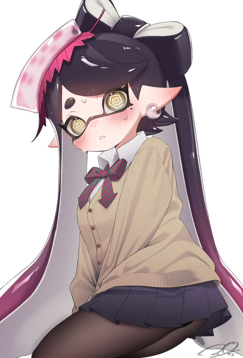 @_@ black_hair black_pantyhose blue_skirt blush bow bow-shaped_hair bowtie callie_(splatoon) cardigan collared_shirt earrings female gradient_hair highres inkling jewelry long_hair long_sleeves looking_at_viewer mole mole_under_eye multicolored_hair pantyhose parted_lips pink_hair pleated_skirt pointy_ears puchiman red_bow red_bowtie shirt signature simple_background skirt solo splatoon_(series) striped_bow striped_bowtie striped_clothes sweat swept_bangs tentacle_hair twintails two-tone_hair white_background white_shirt yellow_cardigan yellow_eyes