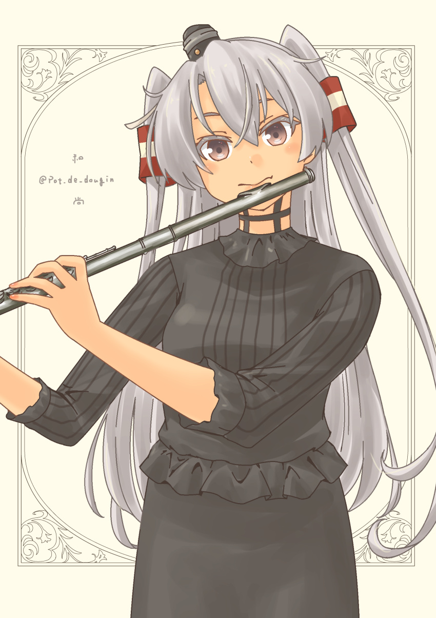 absurdres amatsukaze_(kancolle) black_shirt black_skirt brown_eyes choker flute garter_straps grey_hair hair_tubes highres instrument kantai_collection long_hair looking_at_viewer oerba_yun_fang official_alternate_costume pot-de shirt signature skin_fang skirt smokestack_hair_ornament two_side_up very_long_hair white_hair