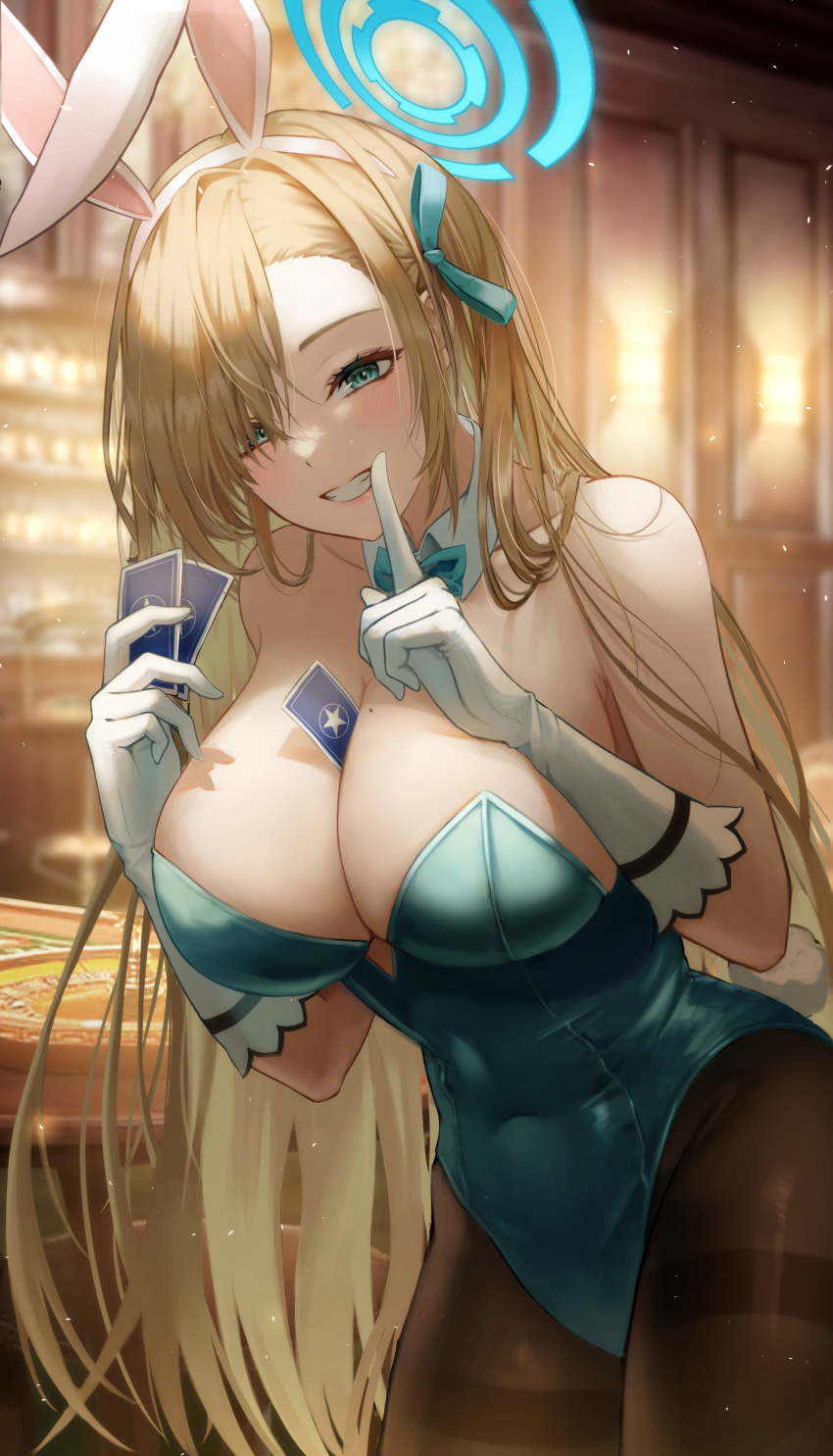 :d absurdres animal_ears arin_art asuna_(blue_archive) asuna_(bunny)_(blue_archive) bare_shoulders between_breasts black_pantyhose blue_archive blue_bow blue_eyes blue_halo blue_leotard blurry blurry_background blush bow breasts card card_between_breasts casino cleavage collarbone commentary_request covered_navel cowboy_shot curvy eyebrows_hidden_by_hair eyelashes fake_animal_ears fake_tail female gloves grin hair_over_one_eye hair_over_shoulder hairbow halo hands_up happy highleg highleg_leotard highres holding holding_card huge_breasts index_finger_raised indoors korean_commentary leotard light_brown_hair light_particles lips long_hair looking_at_viewer mole mole_on_breast official_alternate_costume pantyhose playboy_bunny rabbit_ears rabbit_tail smile solo straight_hair tail thighband_pantyhose tsurime very_long_hair white_gloves