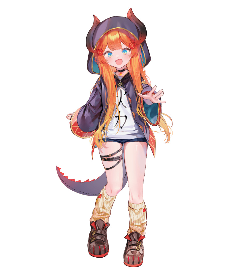 :d \||/ black_choker black_footwear blonde_hair blue_eyes blue_shorts blush center-flap_bangs choker double-parted_bangs fake_horns fake_tail female full_body gem gradient_hair hair_ornament hair_over_shoulder head_tilt highres hitsugi_miki hood hood_up hooded_robe horned_hood horns kneehighs long_hair long_sleeves looking_at_viewer loose_socks multicolored_hair oerba_yun_fang official_art open_clothes open_mouth open_robe orange_gemstone orange_hair outstretched_arm pendant_choker print_shirt purple_robe reaching reaching_towards_viewer red_trim robe shirt shoes short_shorts shorts simple_background skin_fang skindentation smile socks solo specialite_(company) specialite_en standing standing_on_one_leg straight-on tail thick_eyelashes thigh_gap thigh_strap transparent_background two-sided_fabric two-sided_robe v-shaped_eyebrows virtual_youtuber white_shirt wide_sleeves y_o_u_k_a yellow_socks