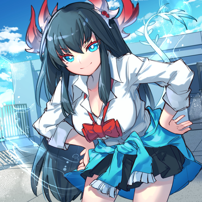 black_hair black_skirt blue_eyes blue_jacket bow bowtie breasts clothes_around_waist cloud collared_shirt commentary_request dragon_girl dragon_horns dragon_tail female gin_tonic_(p&d) hands_on_own_hips highres horns jacket jacket_around_waist kuuron_(moesann17) large_breasts leaning_forward long_hair long_sleeves looking_at_viewer loose_bowtie outdoors pleated_skirt puzzle_&_dragons red_bow red_bowtie rooftop school_uniform shirt shirt_tucked_in skirt sky smile solo tail white_shirt