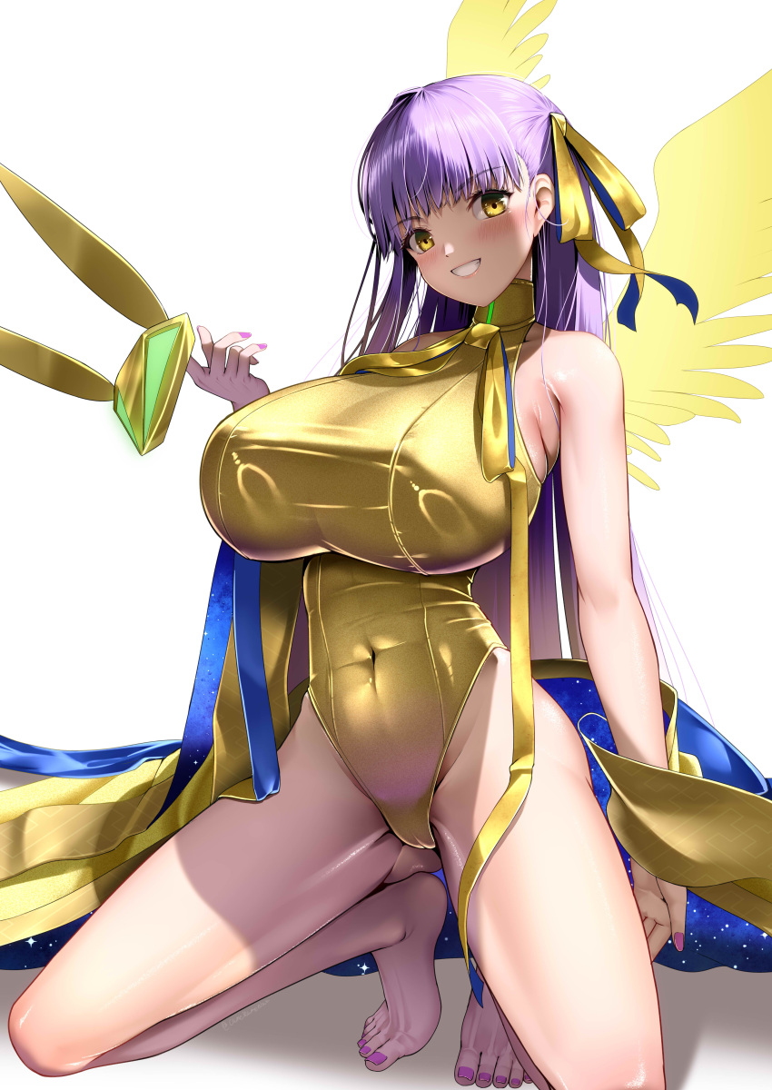 absurdres animal_ears animal_hat bare_shoulders barefoot bb_(fate) blue_skirt blush breasts covered_navel energy_wings fate/grand_order fate_(series) female gold_leotard gold_ribbon golden_bb_(fate) grin hair_ribbon hat highleg highleg_leotard highres huge_breasts kamehito kneeling leotard long_hair long_skirt looking_at_viewer neck_ribbon purple_hair rabbit_ears rabbit_hat ribbon sash showgirl_skirt skirt smile solo thighs two-tone_skirt unworn_hat unworn_headwear very_long_hair yellow_eyes yellow_skirt