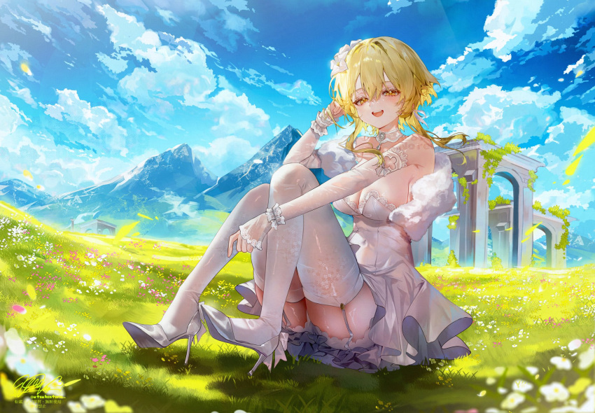 alternate_costume bare_shoulders blonde_hair blue_sky breasts cleavage cloud cloudy_sky detached_sleeves dress female floating_hair flower full_body garter_straps genshin_impact hair_flower hair_ornament hand_up high_heels highres long_sleeves looking_at_viewer lumine_(genshin_impact) open_mouth outdoors short_hair_with_long_locks signature sky smile thighhighs utsuhostoria watermark white_dress white_footwear white_thighhighs