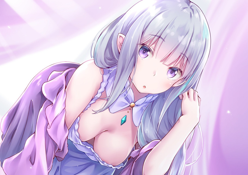 areola_slip bare_shoulders bit_(keikou_syrup) breasts cleavage dress elf emilia_(re:zero) female gem green_gemstone highres kneeling leaning_forward long_hair looking_at_viewer medium_breasts official_alternate_costume pointy_ears pov purple_eyes re:zero_kara_hajimeru_isekai_seikatsu solo white_hair