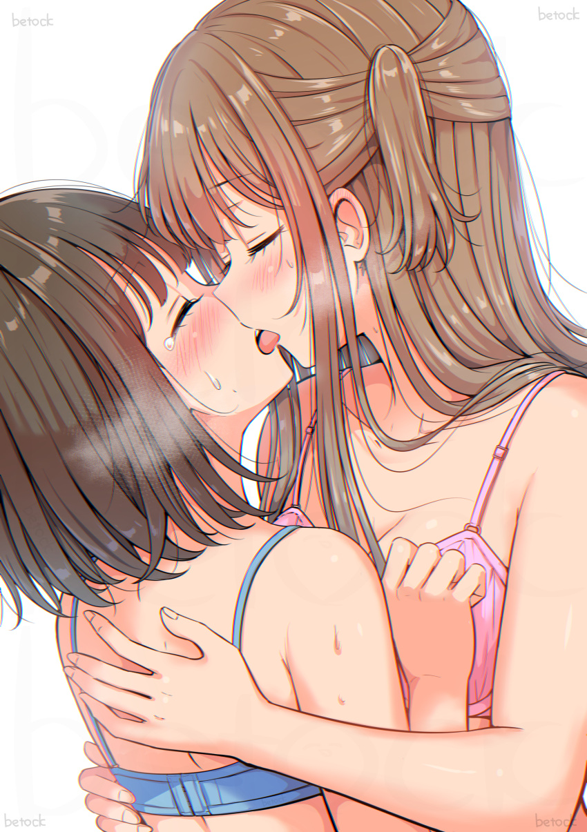 2girls absurdres betock blue_bra bra brown_hair closed_eyes commentary_request french_kiss highres kissing multiple_girls original pink_bra simple_background tongue tongue_out underwear upper_body white_background yuri